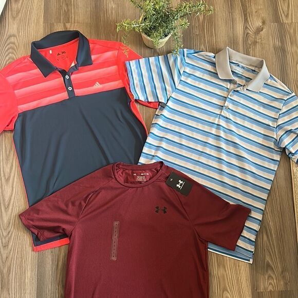 ((3 PIECE)) MENS SIZE SMALL BUNDLE TWO ADIDAS GOLF POLOS AND NWT UNDER ARMOUR T - Picture 1 of 7